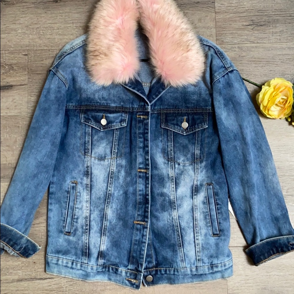 Thirty 6 point 5 Blue denim jacket with fur collar